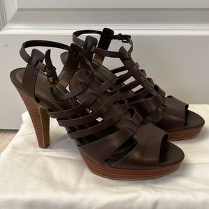Brown Tahiti Heels with Ankle Strap, barley worn, EUC, heel measures 4.5 inches